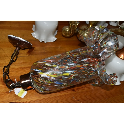 388 - AN ART DECO THREE GRACES URANIUM GLASS TABLE LAMP, TWO CEILING LIGHT FITTINGS AND A TIFFANY STYLE SH... 