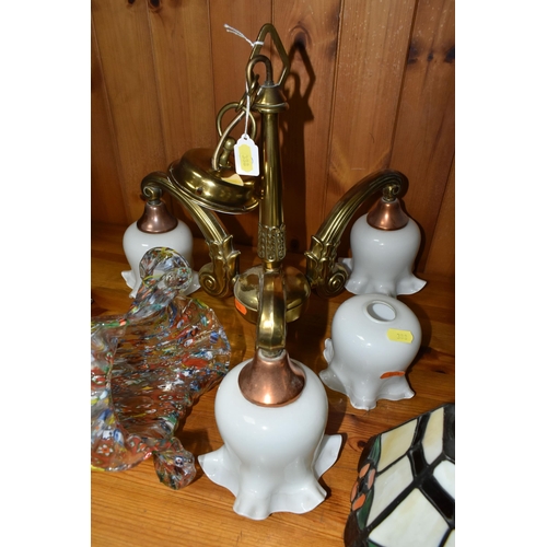 388 - AN ART DECO THREE GRACES URANIUM GLASS TABLE LAMP, TWO CEILING LIGHT FITTINGS AND A TIFFANY STYLE SH... 