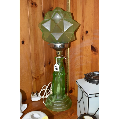 388 - AN ART DECO THREE GRACES URANIUM GLASS TABLE LAMP, TWO CEILING LIGHT FITTINGS AND A TIFFANY STYLE SH... 