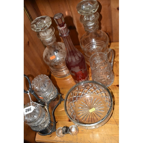 392 - A GROUP OF CUT CRYSTAL, comprising a two piece preserve set, a Royal Brierly Crystal bowl with a sil... 