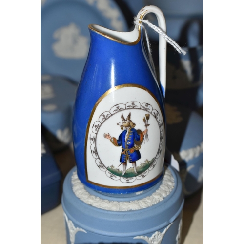 398 - A GROUP OF WEDGWOOD JASPERWARE, SILVER RIMMED BOTTLES AND A NINETEENTH CENTURY 'TRUSTY SERVANT' JUG,... 