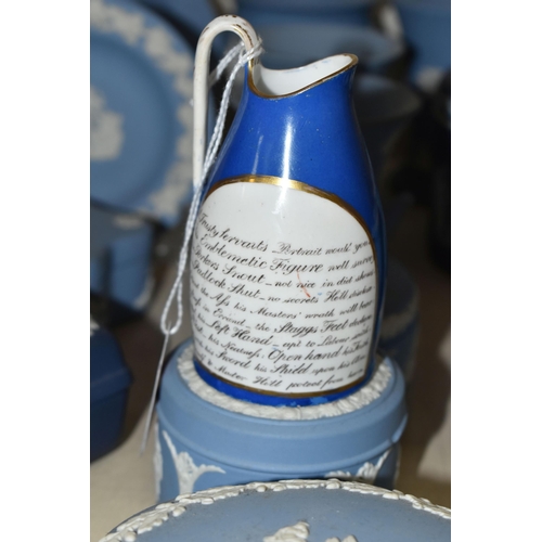 398 - A GROUP OF WEDGWOOD JASPERWARE, SILVER RIMMED BOTTLES AND A NINETEENTH CENTURY 'TRUSTY SERVANT' JUG,... 