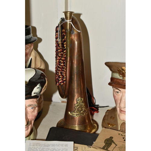 399 - MILITARY INTEREST: CERAMICS, BUGLE AND REPRODUCED EPHEMERA RELATING TO THE TWO WORLD WARS, comprisin... 