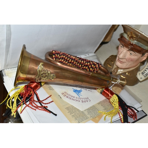 399 - MILITARY INTEREST: CERAMICS, BUGLE AND REPRODUCED EPHEMERA RELATING TO THE TWO WORLD WARS, comprisin... 