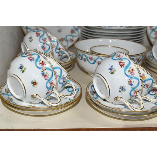 400 - A MINTON PART TEA SET, printed and tinted with floral garlands, blue ribbon and sprays of flowers, c... 