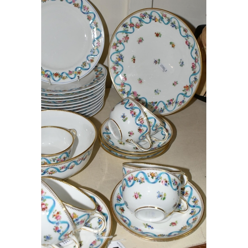 400 - A MINTON PART TEA SET, printed and tinted with floral garlands, blue ribbon and sprays of flowers, c... 