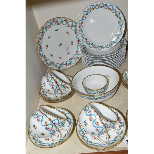 400 - A MINTON PART TEA SET, printed and tinted with floral garlands, blue ribbon and sprays of flowers, c... 