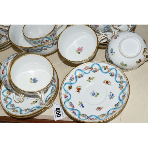 400 - A MINTON PART TEA SET, printed and tinted with floral garlands, blue ribbon and sprays of flowers, c... 