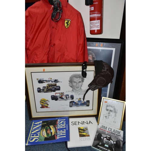 405 - A BOX AND LOOSE FORMULA ONE MOTOR RACING THEMED ITEMS, to include a Nice Man Sports Ferrari jacket, ... 