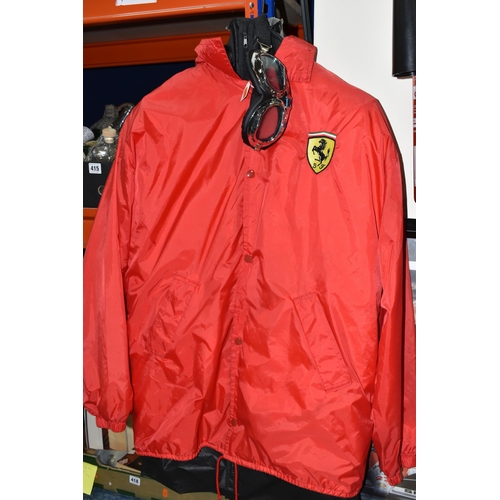 405 - A BOX AND LOOSE FORMULA ONE MOTOR RACING THEMED ITEMS, to include a Nice Man Sports Ferrari jacket, ... 