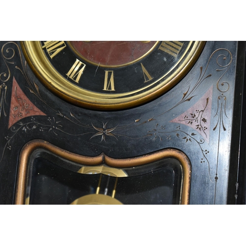 407 - A VICTORIAN FRENCH SLATE MANTEL CLOCK, with red marble inlay, black enamel dial, gilt Roman numerals... 