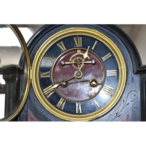 407 - A VICTORIAN FRENCH SLATE MANTEL CLOCK, with red marble inlay, black enamel dial, gilt Roman numerals... 