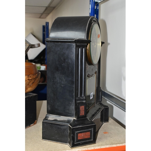 407 - A VICTORIAN FRENCH SLATE MANTEL CLOCK, with red marble inlay, black enamel dial, gilt Roman numerals... 