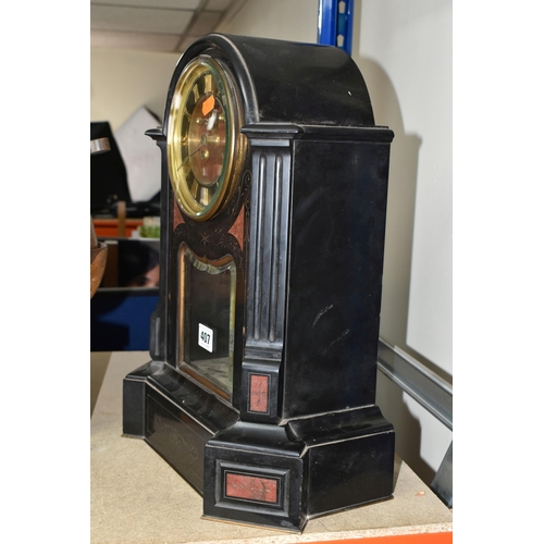 407 - A VICTORIAN FRENCH SLATE MANTEL CLOCK, with red marble inlay, black enamel dial, gilt Roman numerals... 