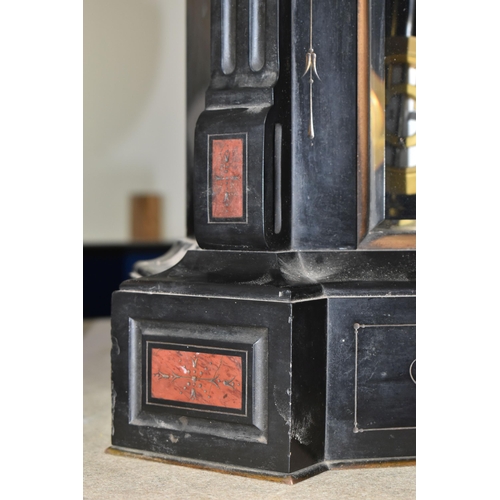 407 - A VICTORIAN FRENCH SLATE MANTEL CLOCK, with red marble inlay, black enamel dial, gilt Roman numerals... 