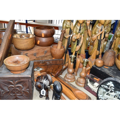 408 - A QUANTITY OF EASTERN AND ORIENTAL TREEN, comprising a Frank Lapworth turned cherrywood dish (split)... 