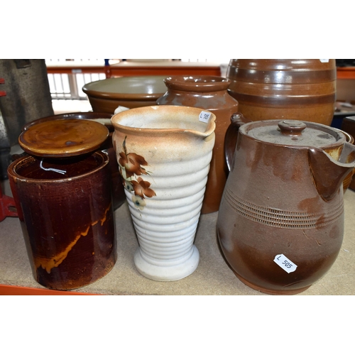 409 - A COLLECTION OF EARTHENWARE SALTGLAZED POTS, comprising a beer keg, two large jars, two twin handled... 