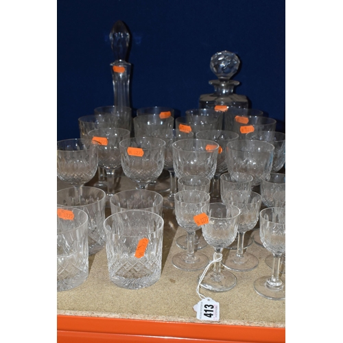 413 - A SUITE OF THOMAS WEBB CUT CRYSTAL 'NORMANDY' PATTERN GLASSES AND DECANTERS, comprising a red wine d... 