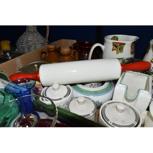 415 - FOUR BOXES OF CERAMICS AND COLOURED GLASSWARE, to include a 'Nut Brown' rolling pin, Alessi  oil and... 