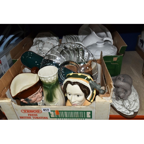 417 - TWO BOXES OF CERAMICS AND DINNERWARE, to include Johnson Brothers 'Eternal Beau' pattern dinnerware,... 