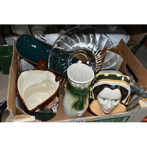 417 - TWO BOXES OF CERAMICS AND DINNERWARE, to include Johnson Brothers 'Eternal Beau' pattern dinnerware,... 