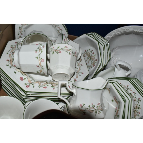 417 - TWO BOXES OF CERAMICS AND DINNERWARE, to include Johnson Brothers 'Eternal Beau' pattern dinnerware,... 