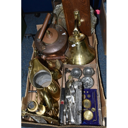 419 - ONE BOX OF BRASS AND METALWARE, to include a large brass ship's bell attached to an oak support, cas... 