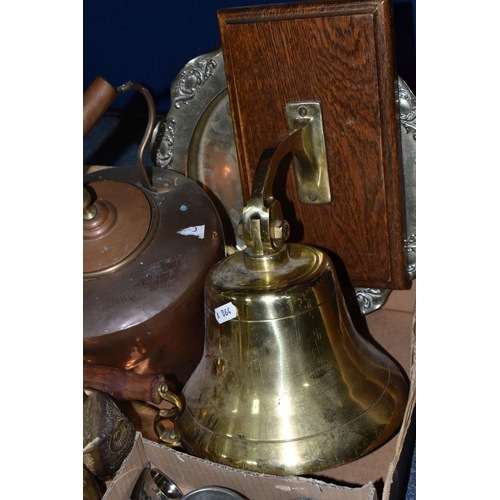 419 - ONE BOX OF BRASS AND METALWARE, to include a large brass ship's bell attached to an oak support, cas... 