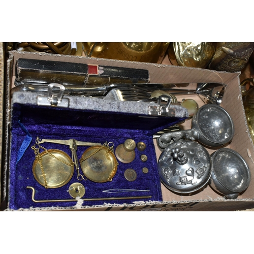 419 - ONE BOX OF BRASS AND METALWARE, to include a large brass ship's bell attached to an oak support, cas... 