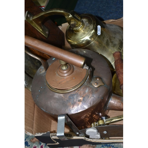 419 - ONE BOX OF BRASS AND METALWARE, to include a large brass ship's bell attached to an oak support, cas... 