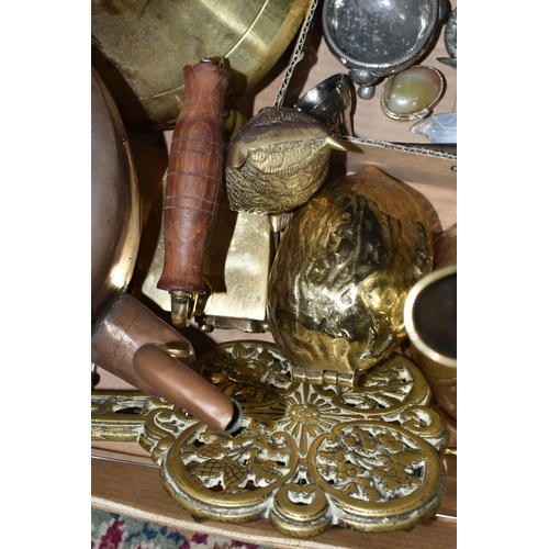 419 - ONE BOX OF BRASS AND METALWARE, to include a large brass ship's bell attached to an oak support, cas... 