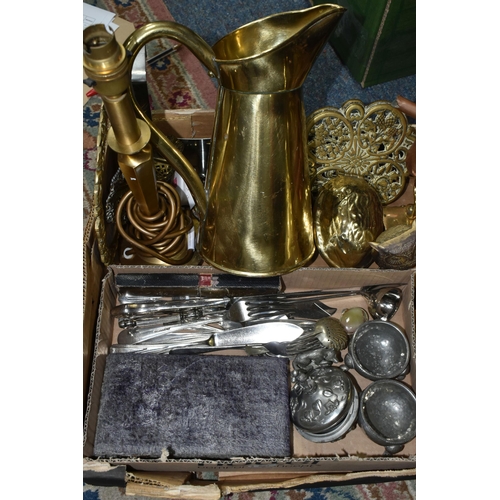 419 - ONE BOX OF BRASS AND METALWARE, to include a large brass ship's bell attached to an oak support, cas... 