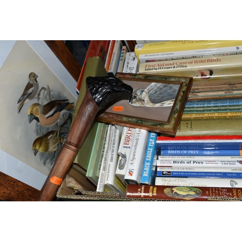 420 - ONE BOX OF BOOKS, two Bird Prints and a Walking Stick, comprising over thirty book titles in hardbac... 