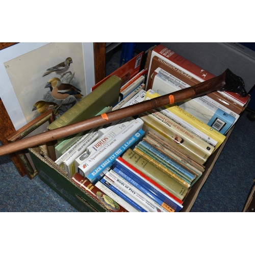 420 - ONE BOX OF BOOKS, two Bird Prints and a Walking Stick, comprising over thirty book titles in hardbac... 