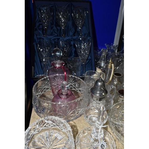 423 - A QUANTITY OF CUT GLASS, comprising a new and unused  boxed set of six Stuart Crystal wine glasses, ... 