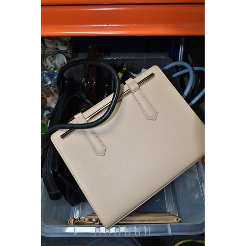 424 - ONE BOX OF SIX LADIES HANDBAGS, to include a black leather Radley handbag, Jane Shilton purse, a vin... 