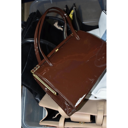 424 - ONE BOX OF SIX LADIES HANDBAGS, to include a black leather Radley handbag, Jane Shilton purse, a vin... 