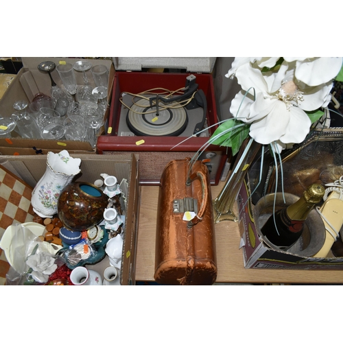 430 - THREE BOXES AND LOOSE MISCELLANEOUS SUNDRIES, to include a vintage Bush model 210 turntable and a Re... 