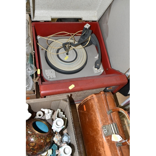 430 - THREE BOXES AND LOOSE MISCELLANEOUS SUNDRIES, to include a vintage Bush model 210 turntable and a Re... 