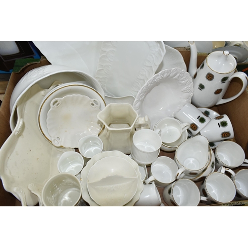 433 - TWO BOXES OF DINNER AND COFFEEWARE, to include Portmeirion 'Pomona' pattern preserve pot, meat plate... 