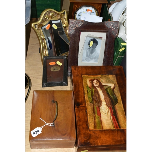 434 - A FRENCH ART NOUVEAU MANTEL CLOCK, PICTURE FRAMES AND BOXES,  clock mechanism marked  with an A bene... 