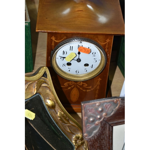 434 - A FRENCH ART NOUVEAU MANTEL CLOCK, PICTURE FRAMES AND BOXES,  clock mechanism marked  with an A bene... 