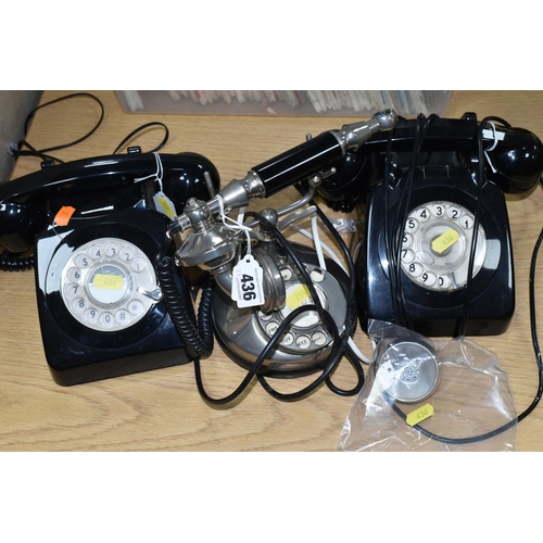 436 - THREE  VINTAGE STYLE TELEPHONES, comprising a black plastic G.P.O dial telephone 706L (unconverted),... 