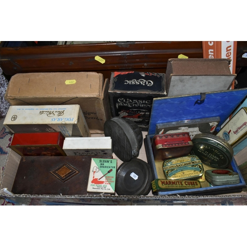 437 - A BOX OF VINTAGE TINS, to include a metal deeds chest painted brown, a circular Mackintosh's Toffee ... 