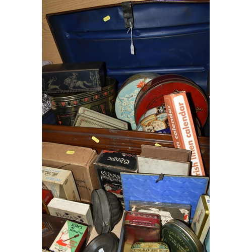 437 - A BOX OF VINTAGE TINS, to include a metal deeds chest painted brown, a circular Mackintosh's Toffee ... 