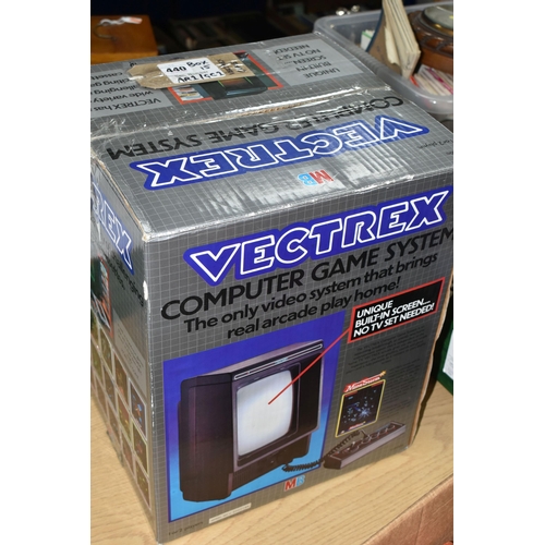 440 - VECTREX GAME CONSOLE BOXED, games include Hyper Chase, Armour Attack (with screen overlay) and Socce... 