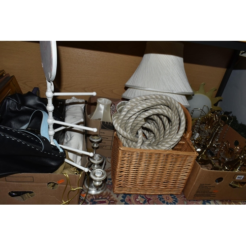 442 - THREE BOXES AND LOOSE LIGHT FITTINGS, HANDBAGS, PICTURES AND SUNDRY ITEMS, to include several brass ... 