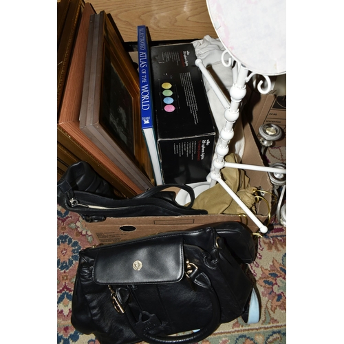 442 - THREE BOXES AND LOOSE LIGHT FITTINGS, HANDBAGS, PICTURES AND SUNDRY ITEMS, to include several brass ... 