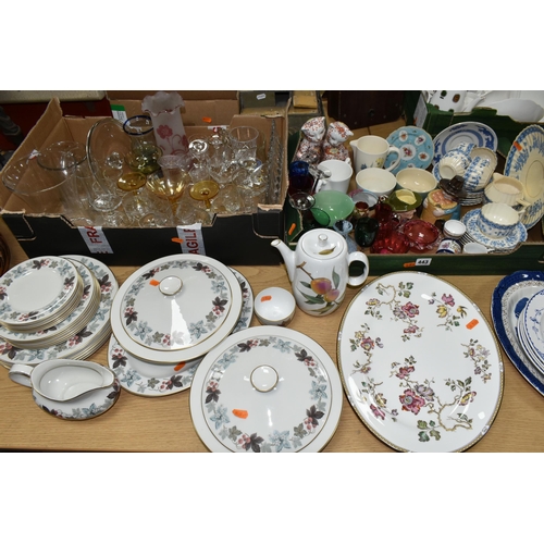 443 - TWO BOXES AND LOOSE CERAMICS AND GLASS ETC, to include Royal Doulton 'Camelot' part dinner service c... 