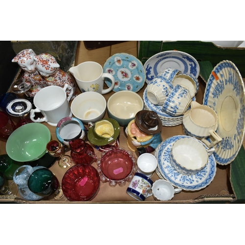 443 - TWO BOXES AND LOOSE CERAMICS AND GLASS ETC, to include Royal Doulton 'Camelot' part dinner service c... 